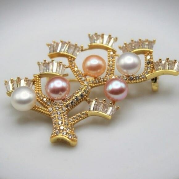 Luxurious Freshwater Pearl Tree Brooch Multi-Bead Cubic Zirconia Gold Plated NWT - Picture 1 of 9
